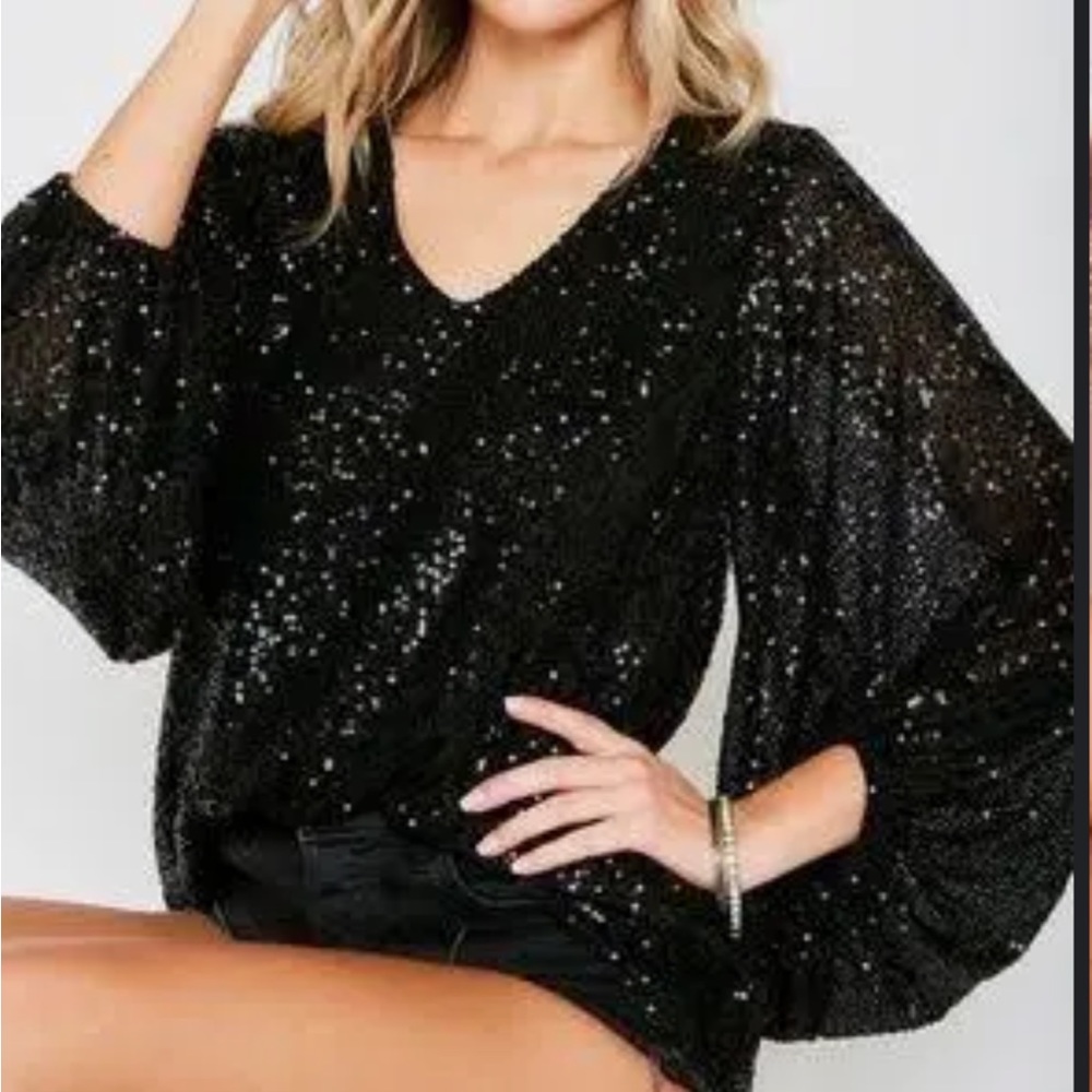 Vine & Love V Neck Balloon Sleeve Sequin Top NWT